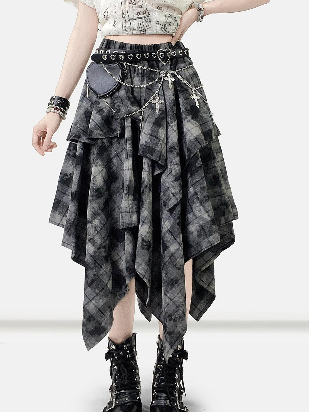 REDDACHIC Vintage Dark Plaid Ruffle Asymmetric Tie Dye Women'S Maxi Skirts
