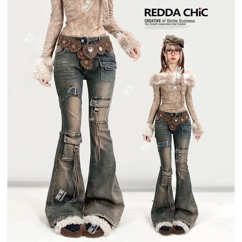 REDDACHIC_Vintage_Distressed_Utility_Slim_Women'S_Cotton_Stretch_High_Waist_Flare_Jeans_MISSTT