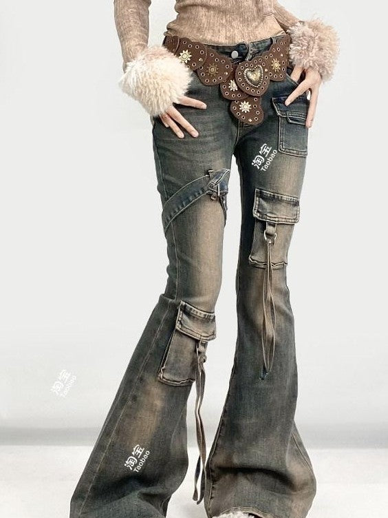 REDDACHIC Vintage Distressed Utility Slim Women'S Cotton Stretch High Waist Flare Jeans