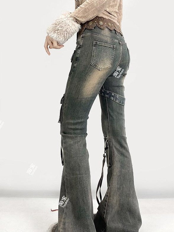 REDDACHIC Vintage Distressed Utility Slim Women'S Cotton Stretch High Waist Flare Jeans