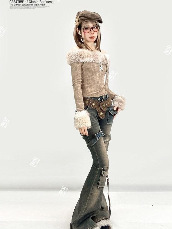 REDDACHIC Vintage Distressed Utility Slim Women'S Cotton Stretch High Waist Flare Jeans
