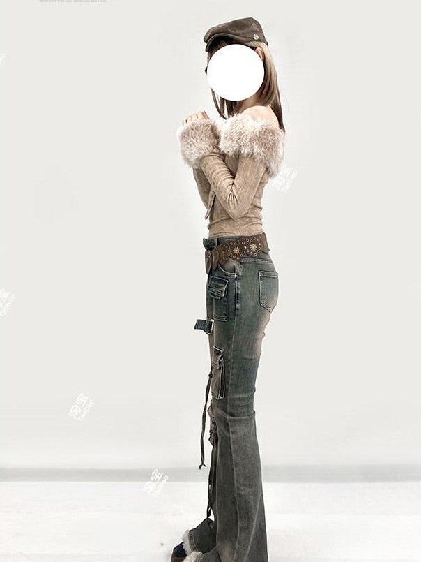 REDDACHIC Vintage Distressed Utility Slim Women'S Cotton Stretch High Waist Flare Jeans