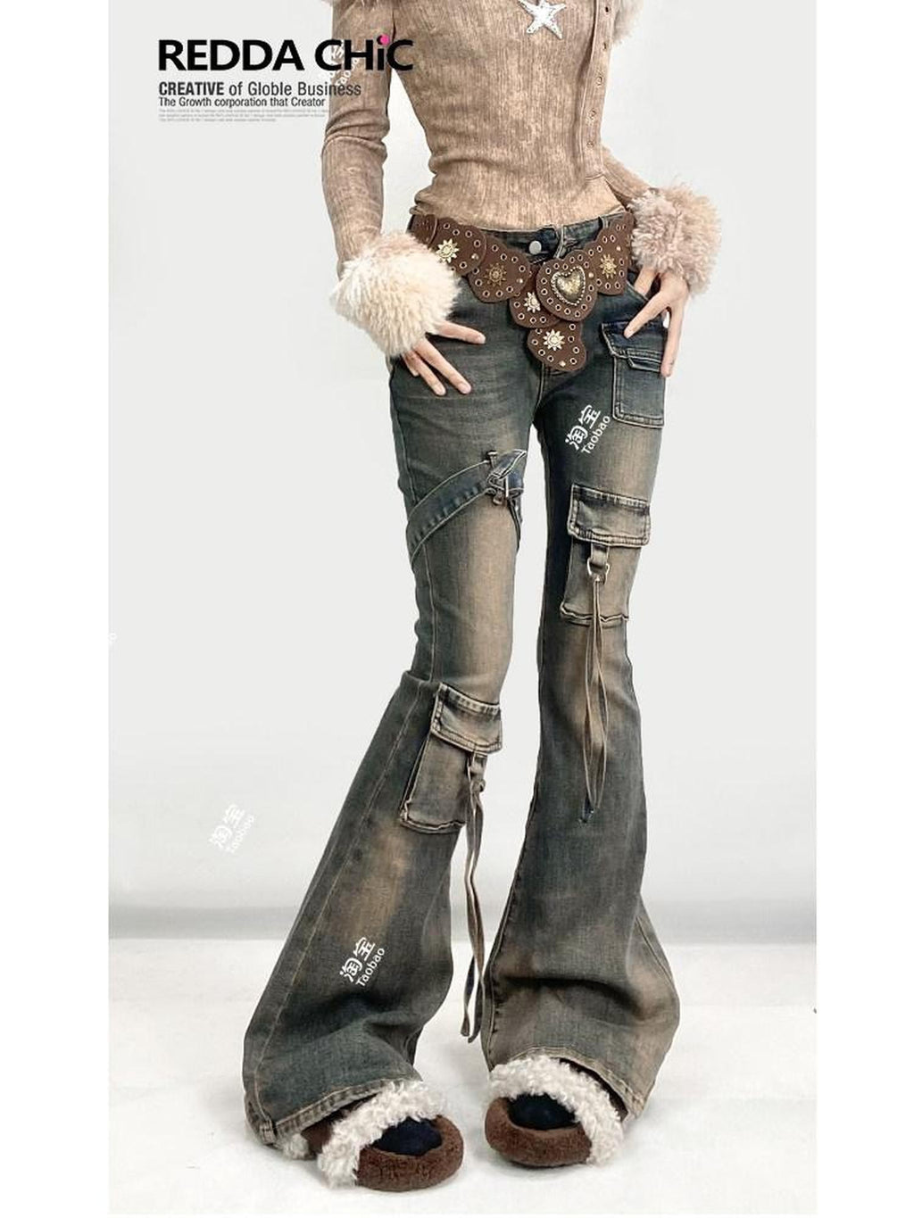 REDDACHIC Vintage Distressed Utility Slim Women'S Cotton Stretch High Waist Flare Jeans