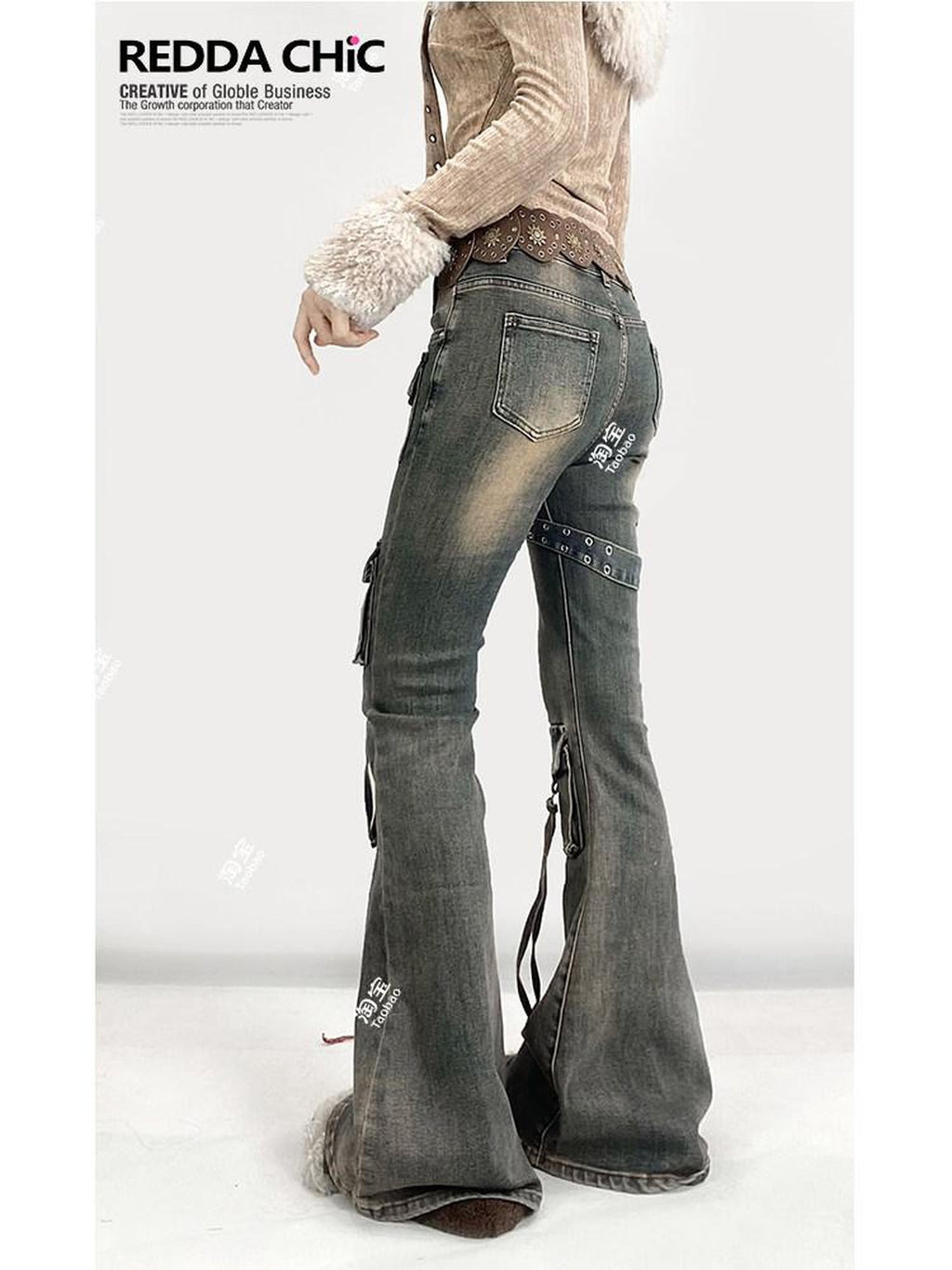 REDDACHIC Vintage Distressed Utility Slim Women'S Cotton Stretch High Waist Flare Jeans