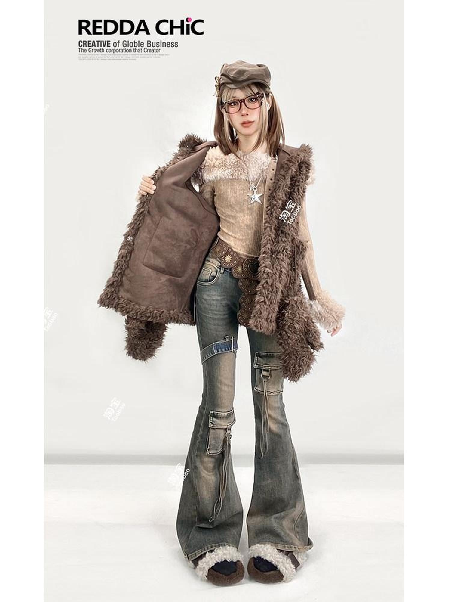 REDDACHIC Vintage Distressed Utility Slim Women'S Cotton Stretch High Waist Flare Jeans