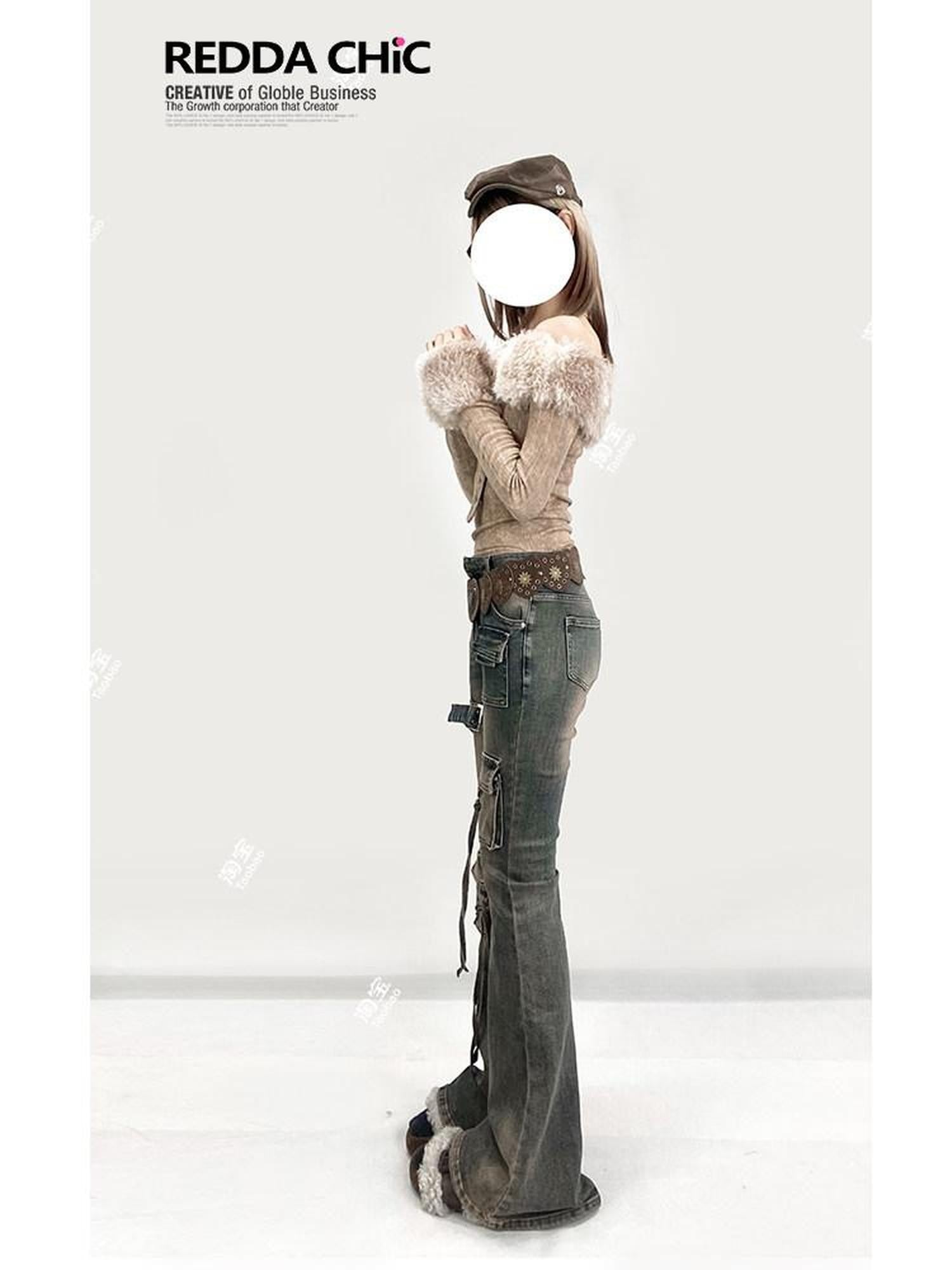 REDDACHIC Vintage Distressed Utility Slim Women'S Cotton Stretch High Waist Flare Jeans
