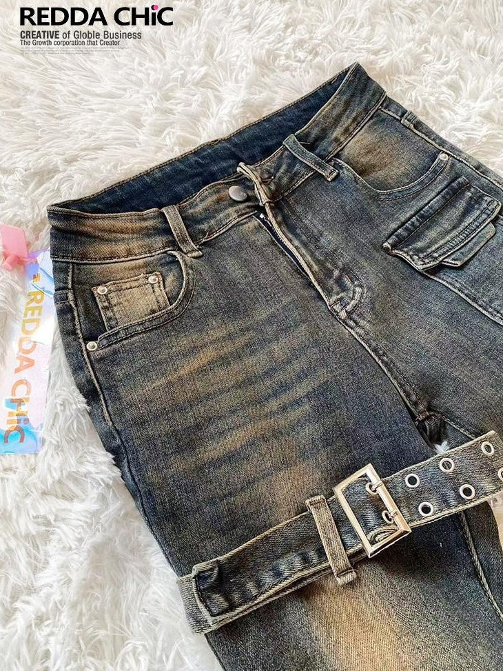 REDDACHIC Vintage Distressed Utility Slim Women'S Cotton Stretch High Waist Flare Jeans