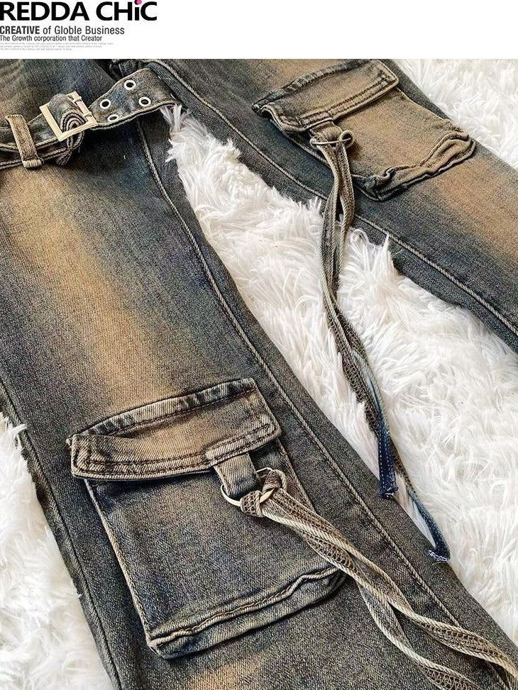 REDDACHIC Vintage Distressed Utility Slim Women'S Cotton Stretch High Waist Flare Jeans