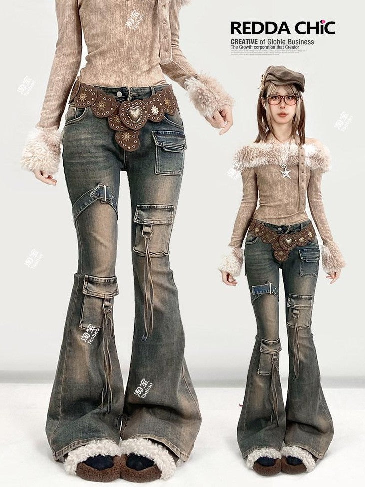 REDDACHIC Vintage Distressed Utility Slim Women'S Cotton Stretch High Waist Flare Jeans