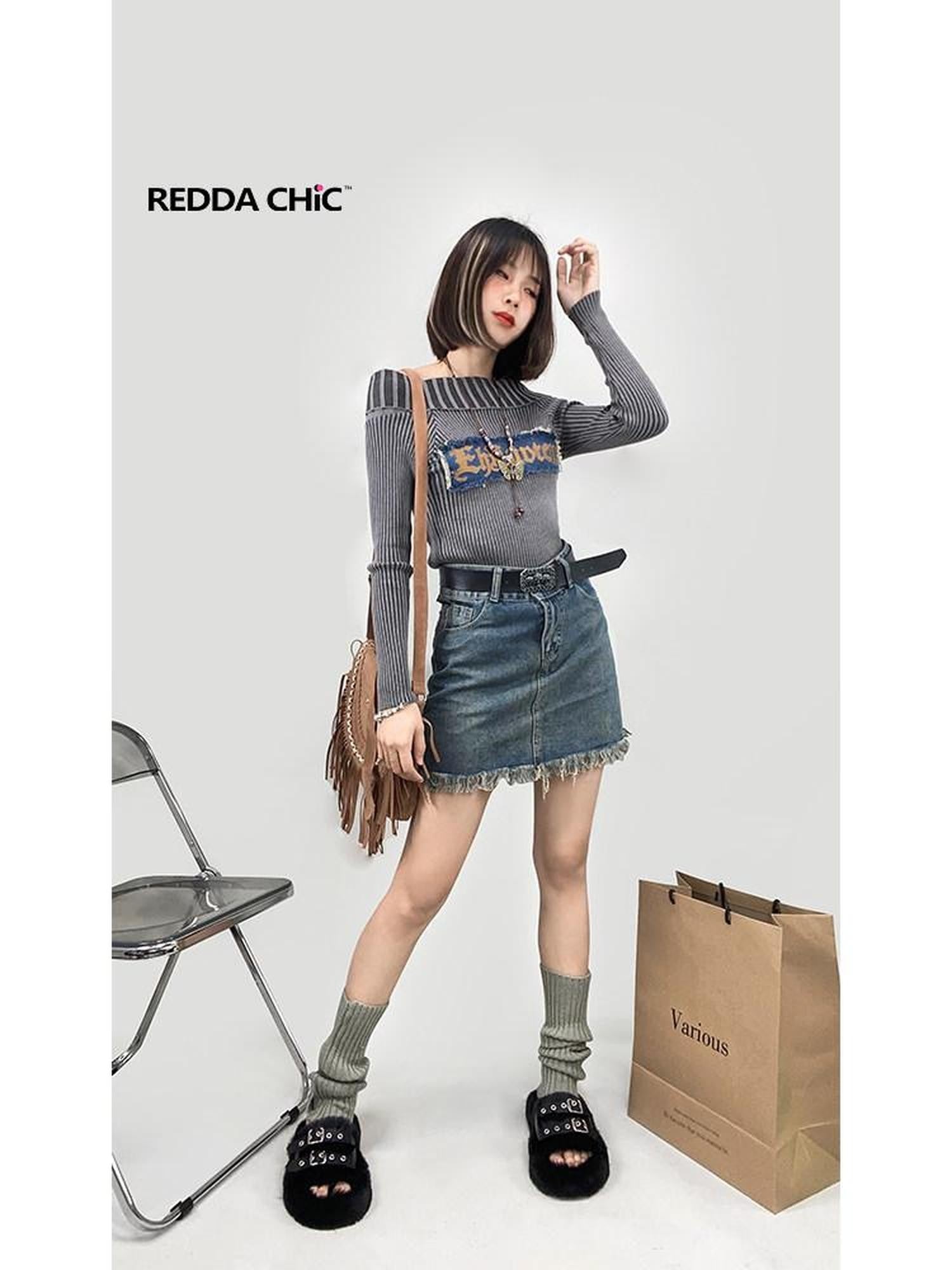 REDDACHIC Vintage Frayed Distressed Fringe High Waist Women'S Denim Mini Skirts