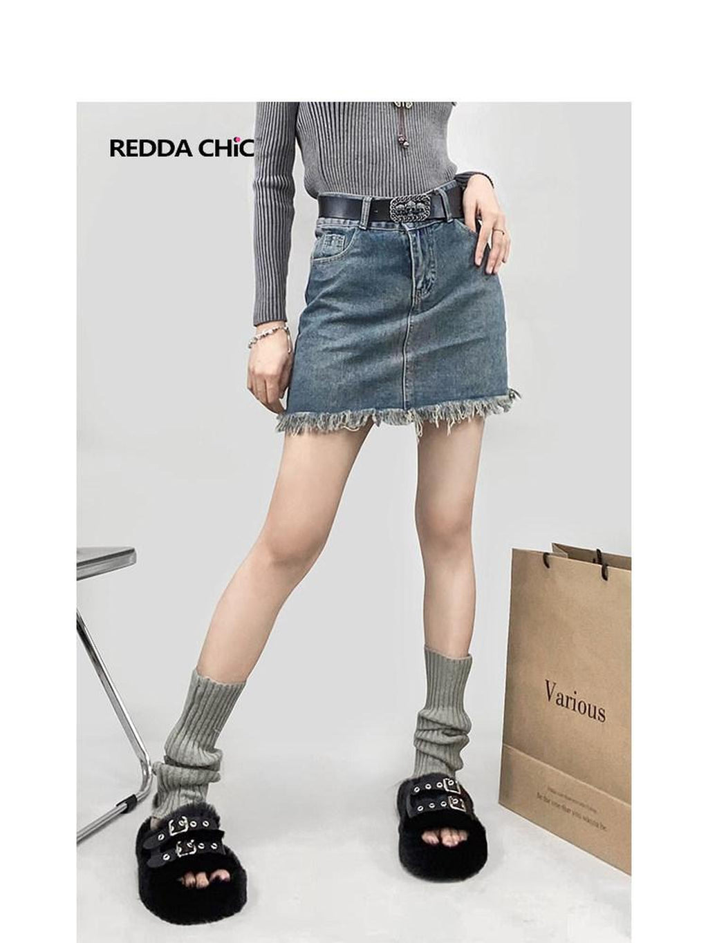 REDDACHIC Vintage Frayed Distressed Fringe High Waist Women'S Denim Mini Skirts