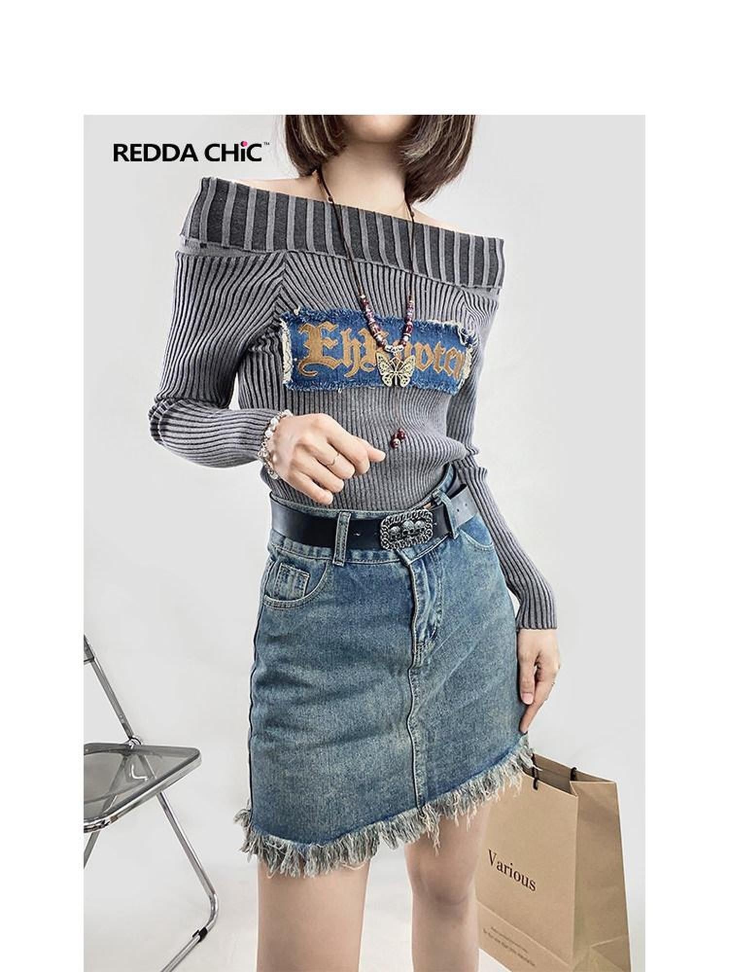 REDDACHIC Vintage Frayed Distressed Fringe High Waist Women'S Denim Mini Skirts