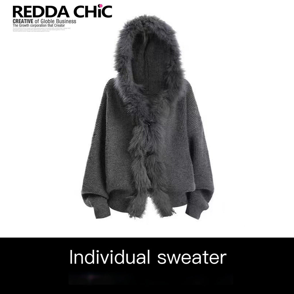REDDACHIC_Vintage_Gray_Fur_Trim_Hooded_Loose_Women'S_Knitted_Cardigans_MISSTT