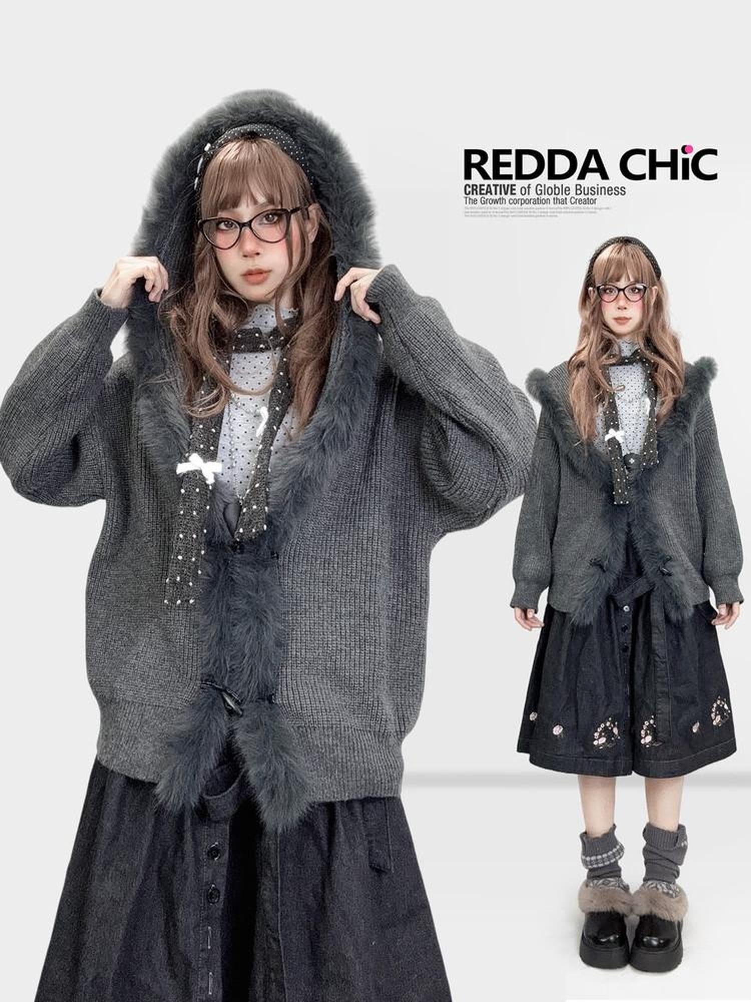 REDDACHIC Vintage Gray Fur Trim Hooded Loose Women'S Knitted Cardigans