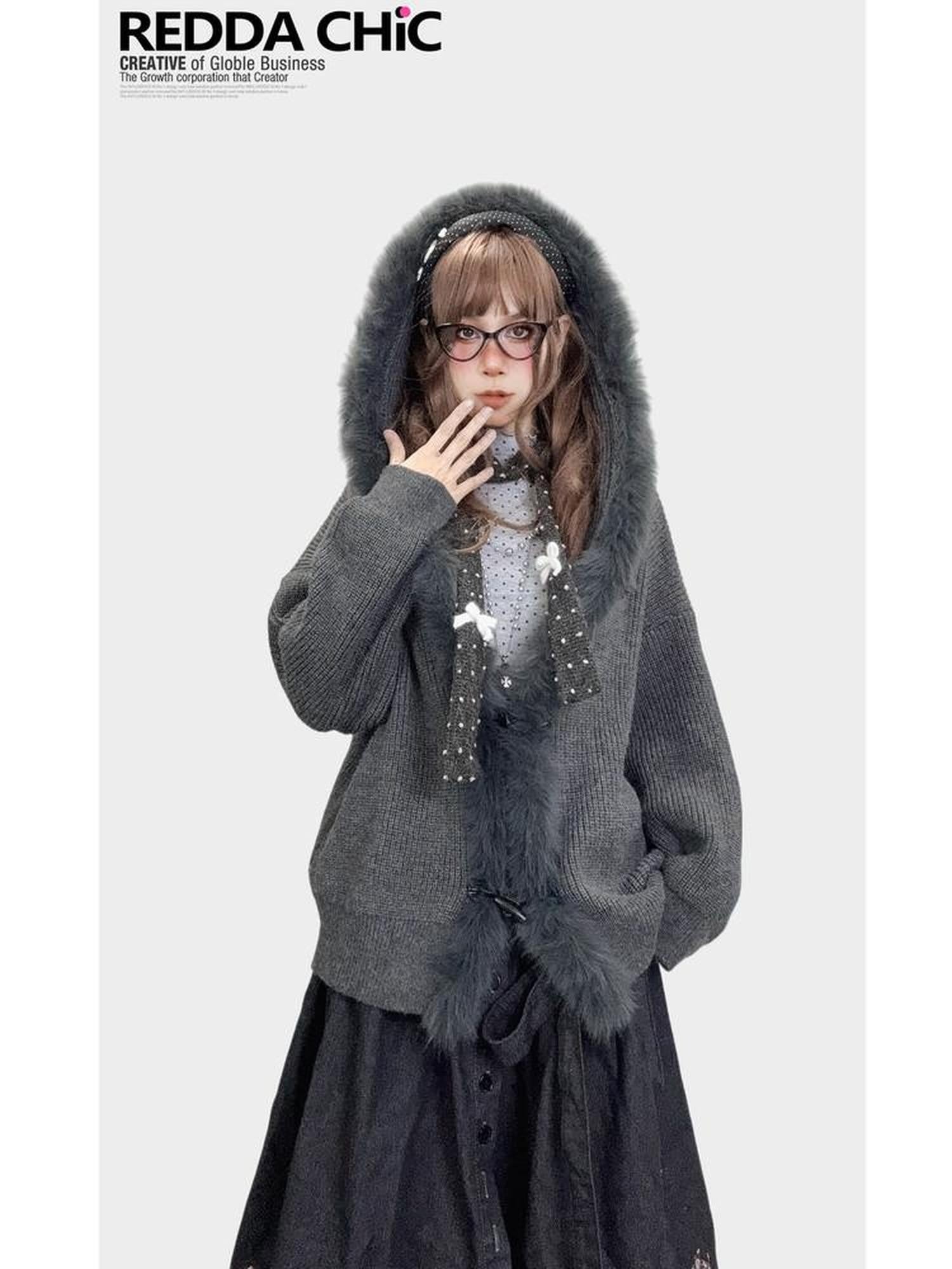 REDDACHIC Vintage Gray Fur Trim Hooded Loose Women'S Knitted Cardigans