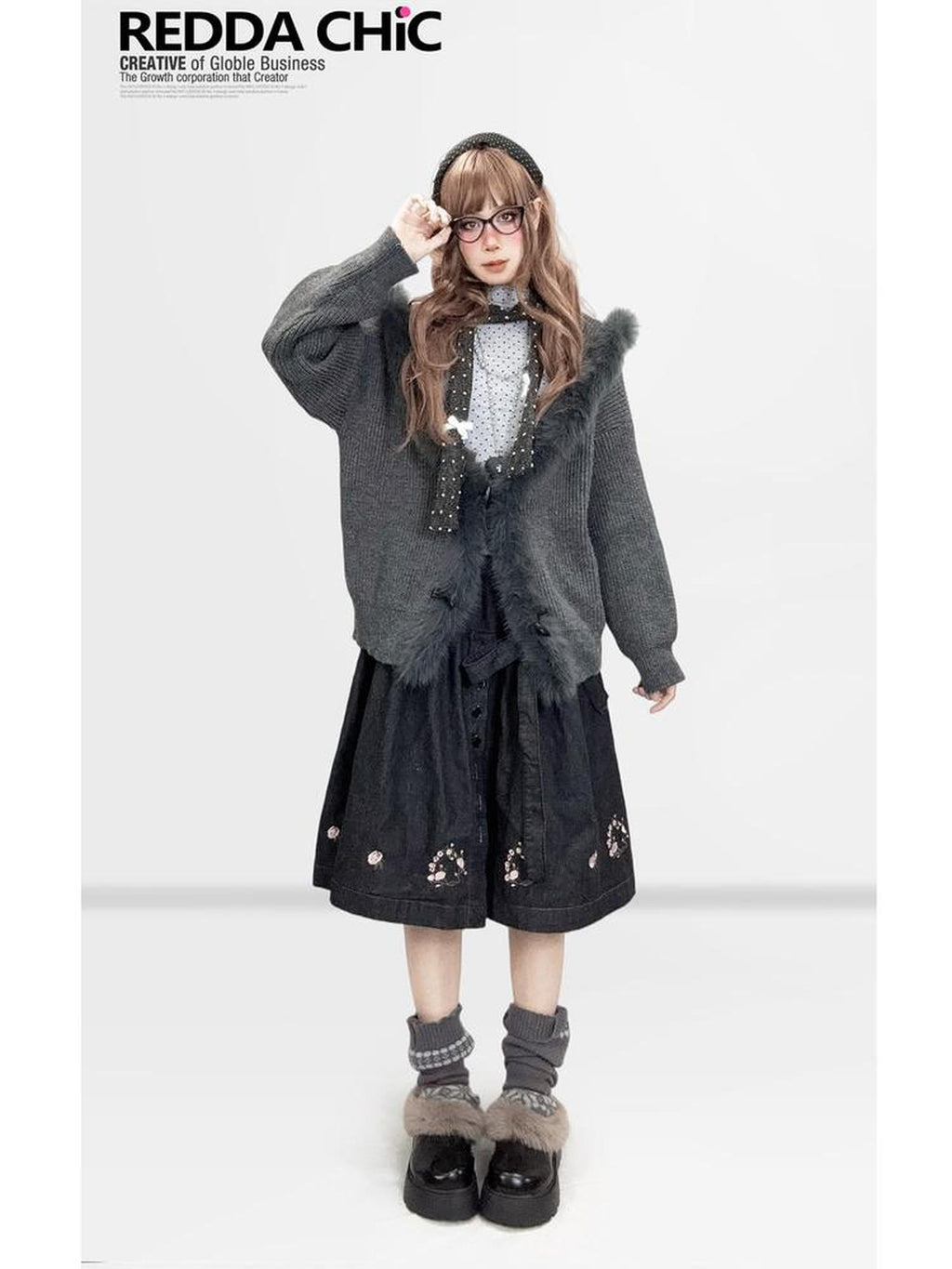 REDDACHIC Vintage Gray Fur Trim Hooded Loose Women'S Knitted Cardigans