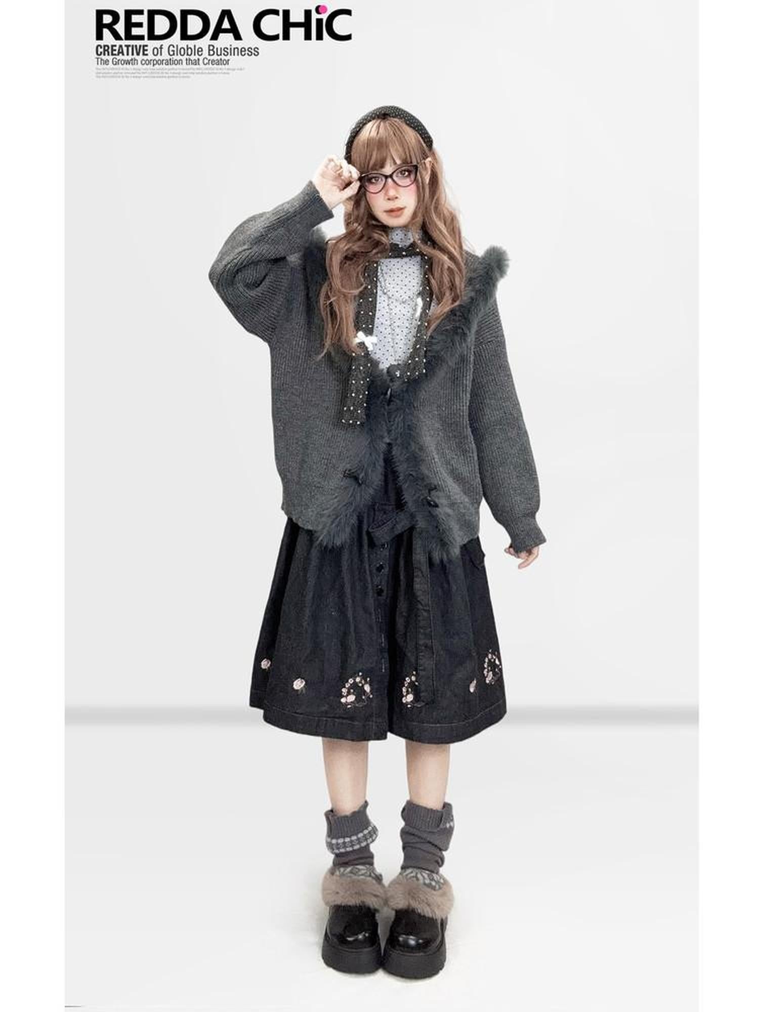 REDDACHIC Vintage Gray Fur Trim Hooded Loose Women'S Knitted Cardigans