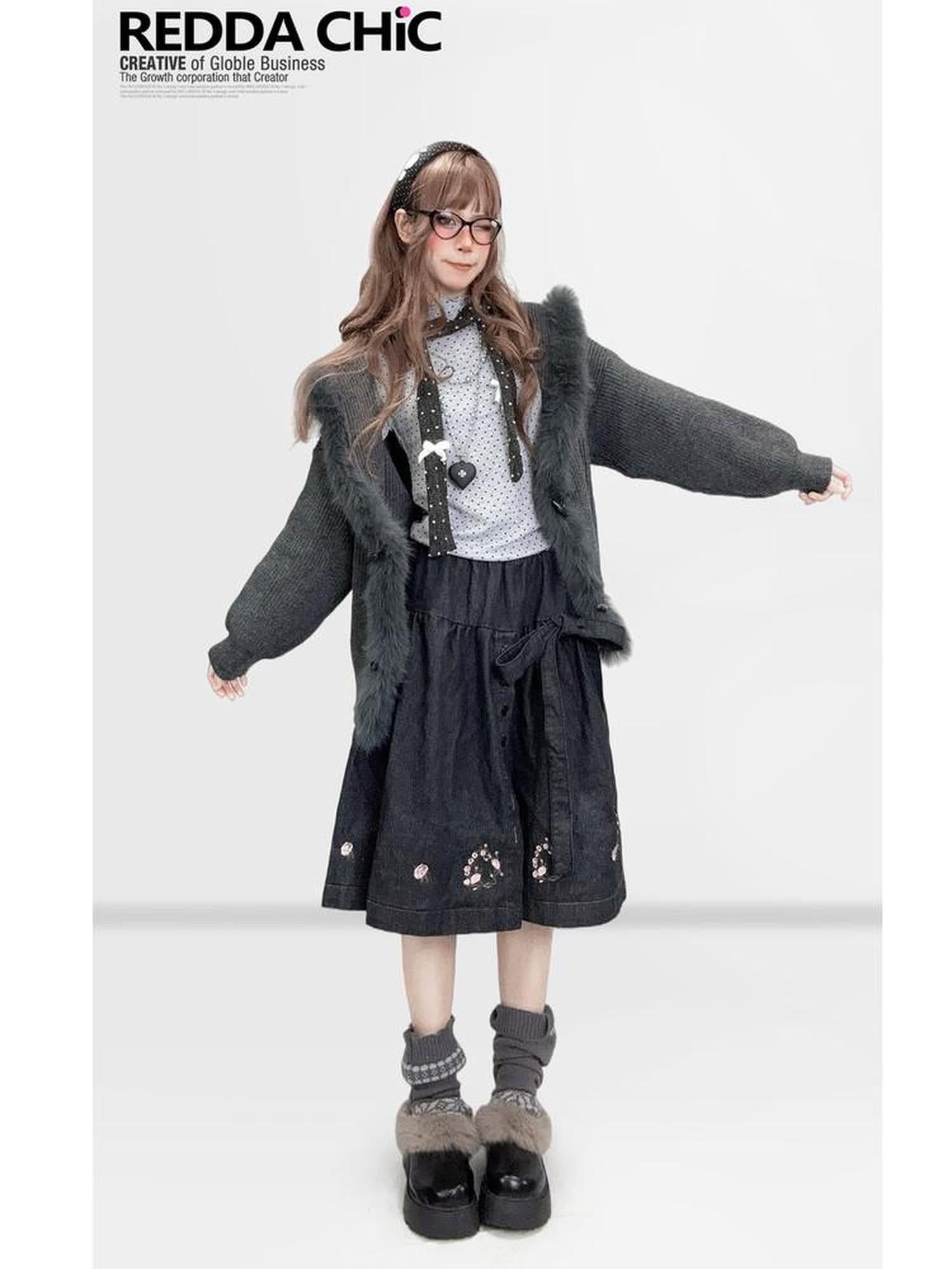 REDDACHIC Vintage Gray Fur Trim Hooded Loose Women'S Knitted Cardigans