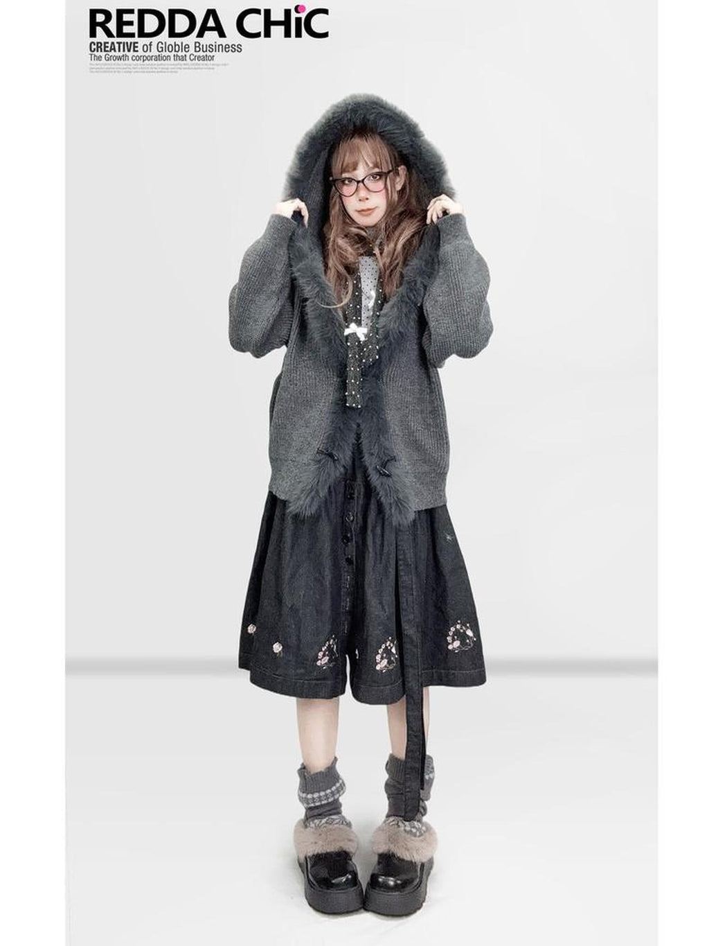 REDDACHIC Vintage Gray Fur Trim Hooded Loose Women'S Knitted Cardigans
