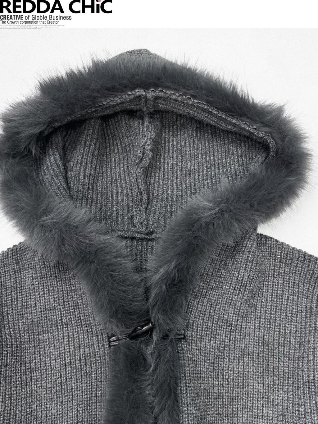REDDACHIC Vintage Gray Fur Trim Hooded Loose Women'S Knitted Cardigans