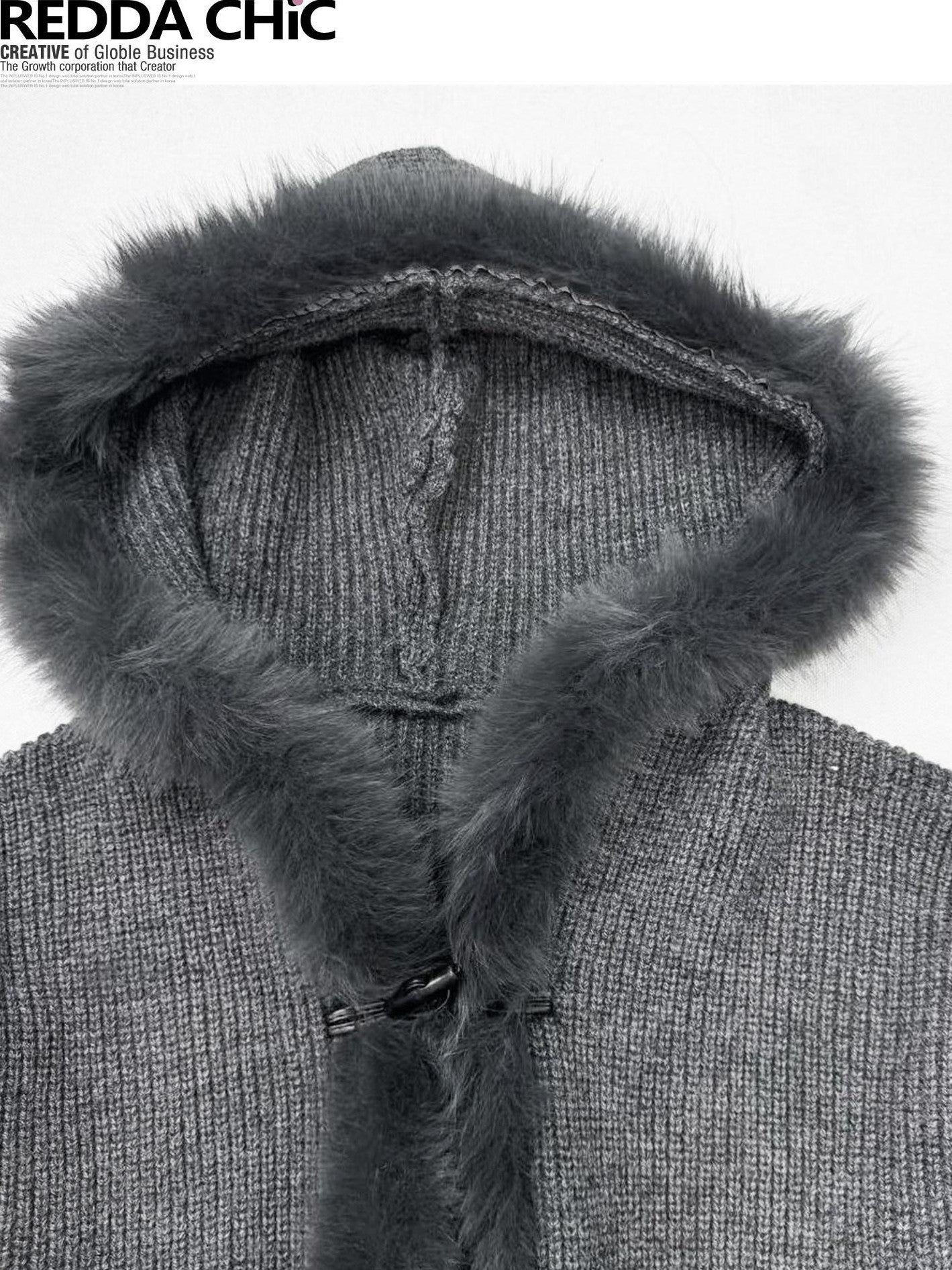 REDDACHIC Vintage Gray Fur Trim Hooded Loose Women'S Knitted Cardigans