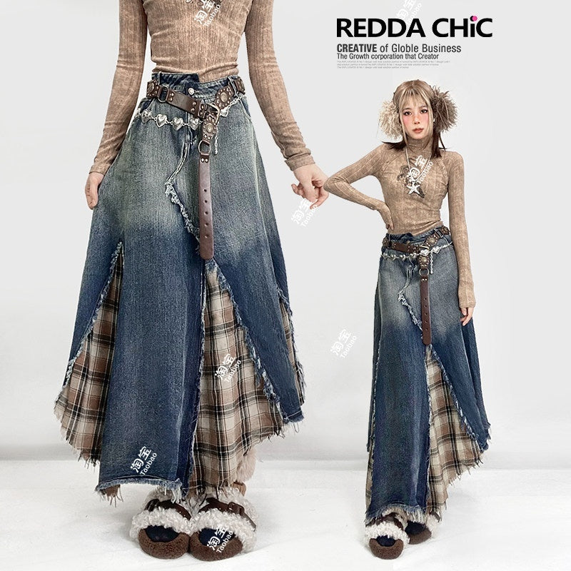 REDDACHIC_Vintage_Irregular_Denim_Patchwork_Plaid_A_Line_High_Waist_Women'S_Maxi_Skirts_MISSTT