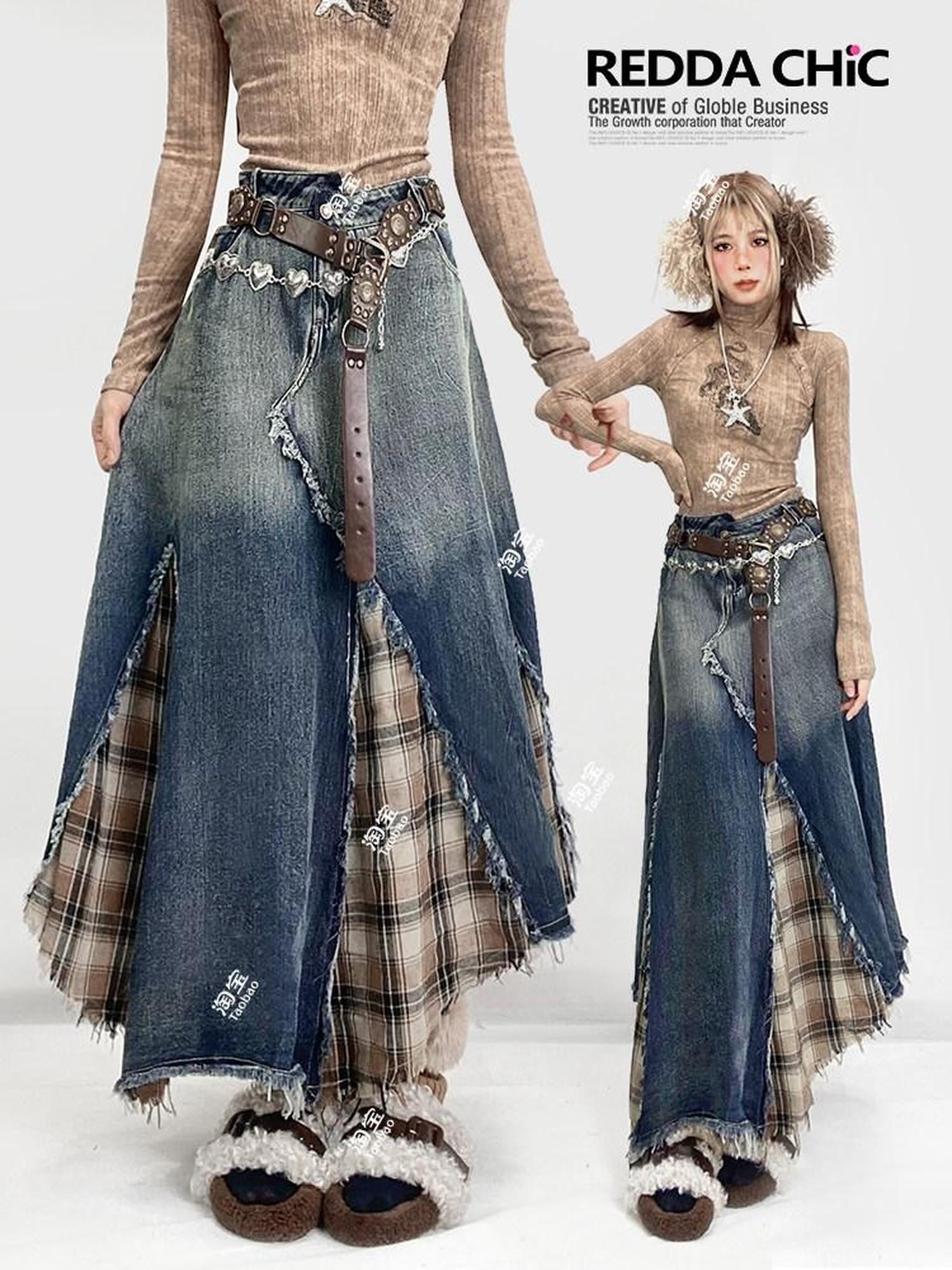 REDDACHIC Vintage Irregular Denim Patchwork Plaid A Line High Waist Women'S Maxi Skirts