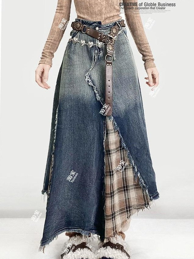 REDDACHIC Vintage Irregular Denim Patchwork Plaid A Line High Waist Women'S Maxi Skirts