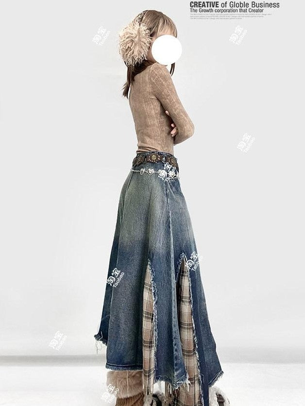 REDDACHIC Vintage Irregular Denim Patchwork Plaid A Line High Waist Women'S Maxi Skirts