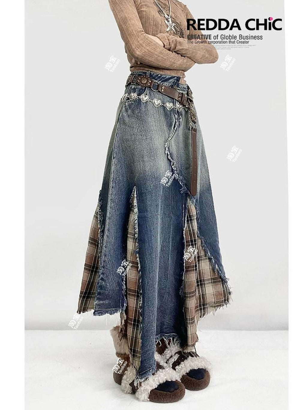REDDACHIC Vintage Irregular Denim Patchwork Plaid A Line High Waist Women'S Maxi Skirts