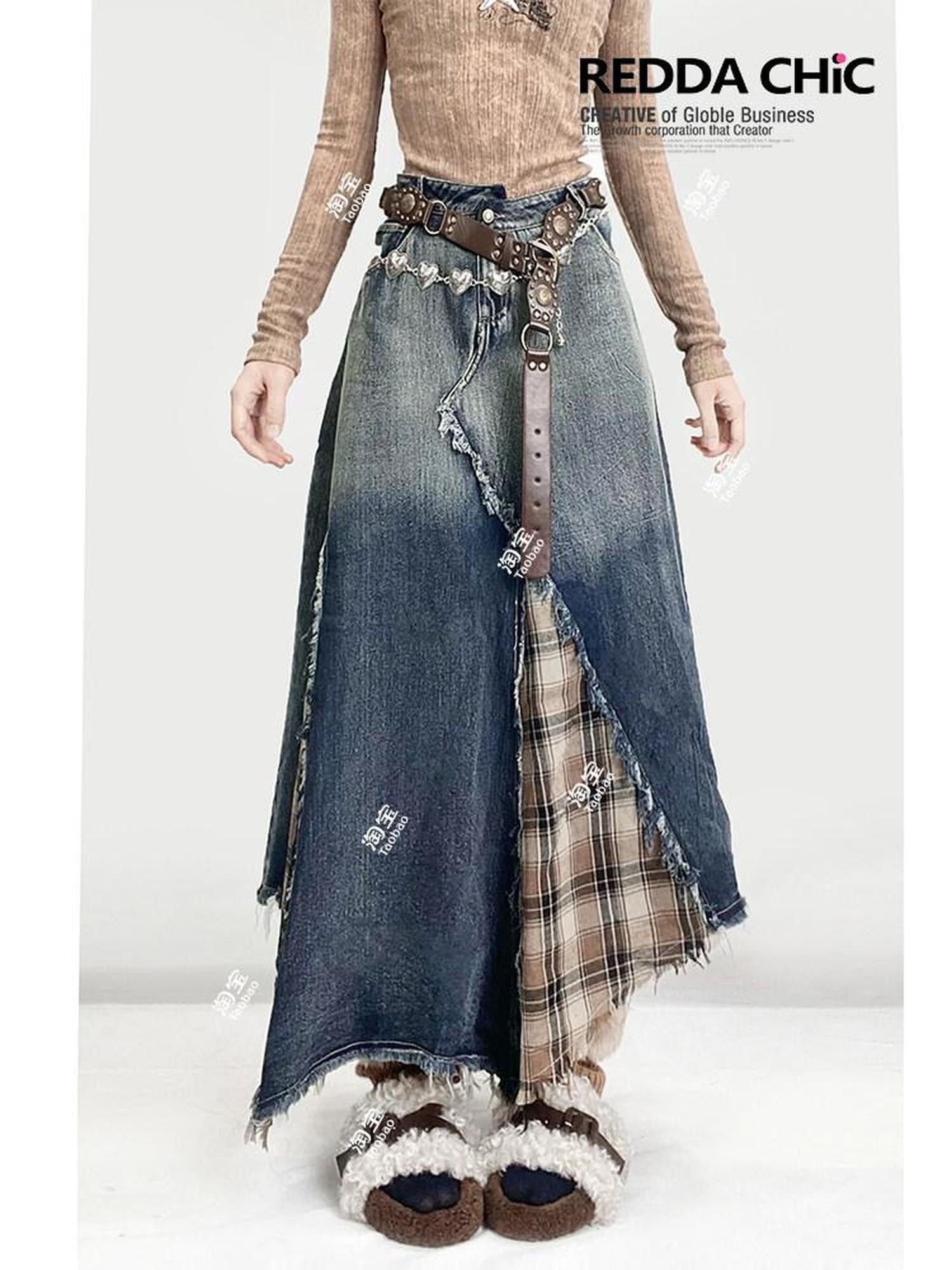 REDDACHIC Vintage Irregular Denim Patchwork Plaid A Line High Waist Women'S Maxi Skirts