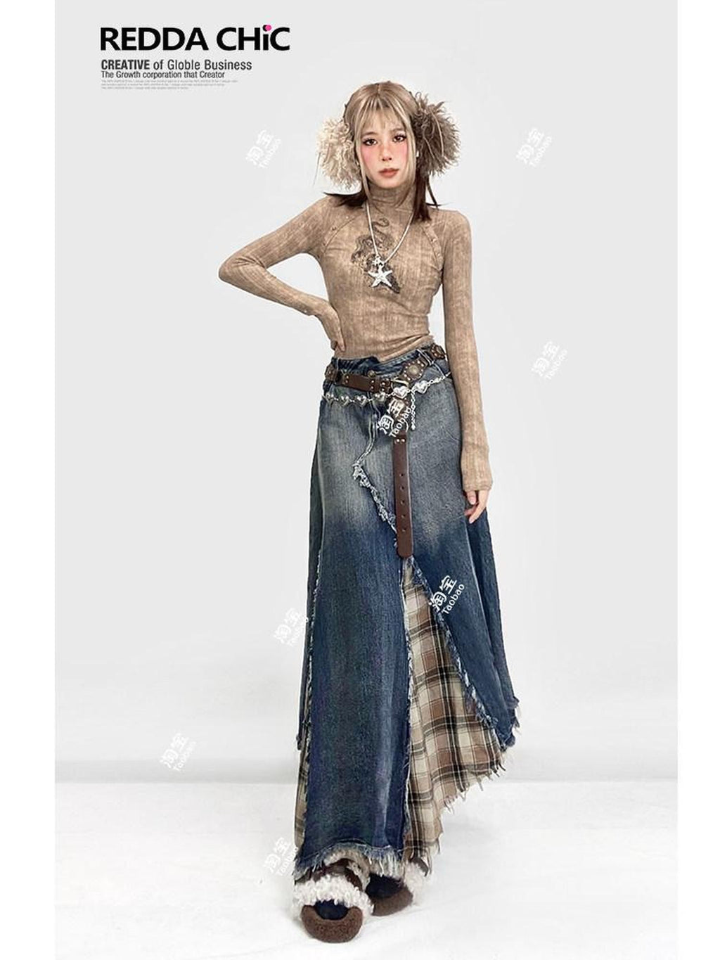 REDDACHIC Vintage Irregular Denim Patchwork Plaid A Line High Waist Women'S Maxi Skirts