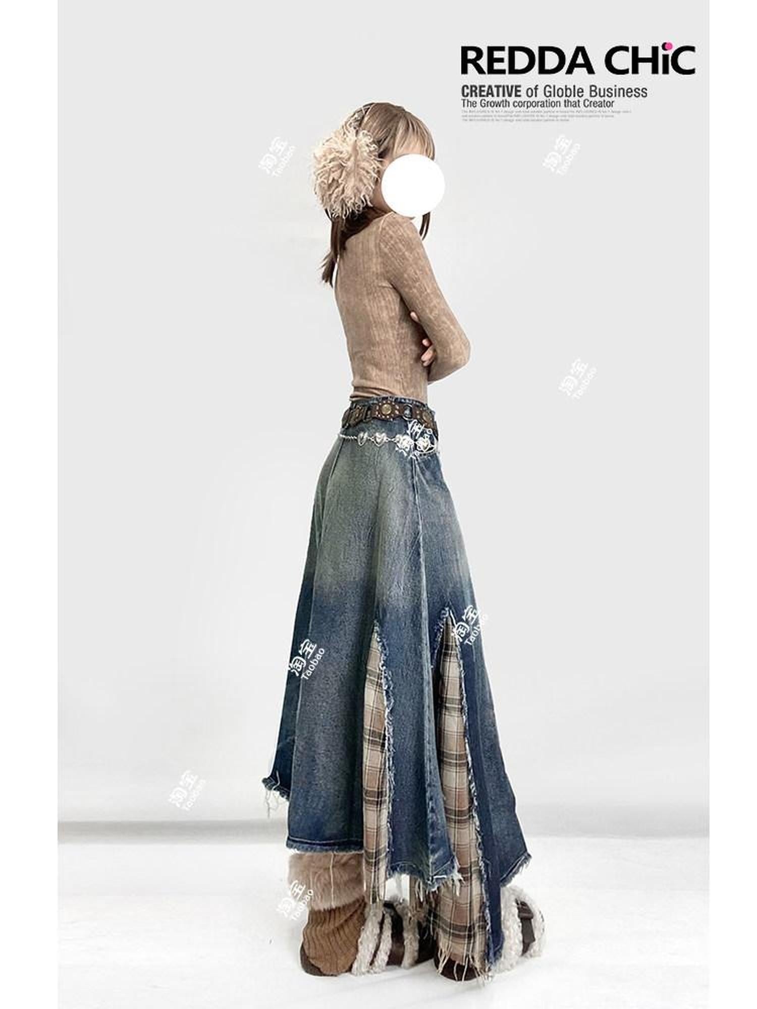 REDDACHIC Vintage Irregular Denim Patchwork Plaid A Line High Waist Women'S Maxi Skirts