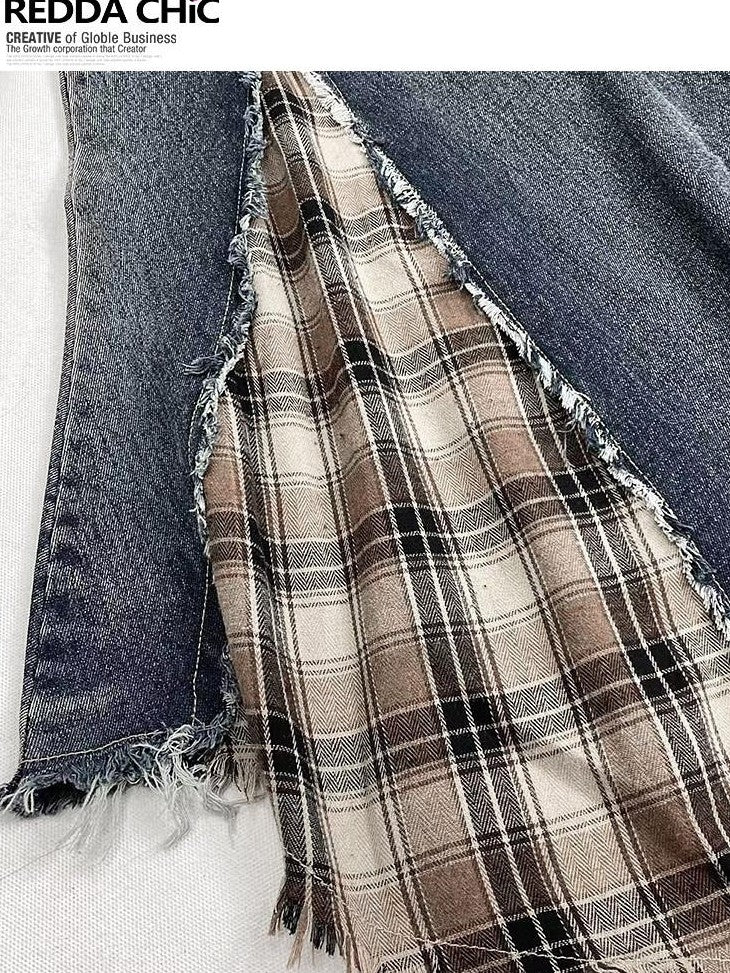 REDDACHIC Vintage Irregular Denim Patchwork Plaid A Line High Waist Women'S Maxi Skirts