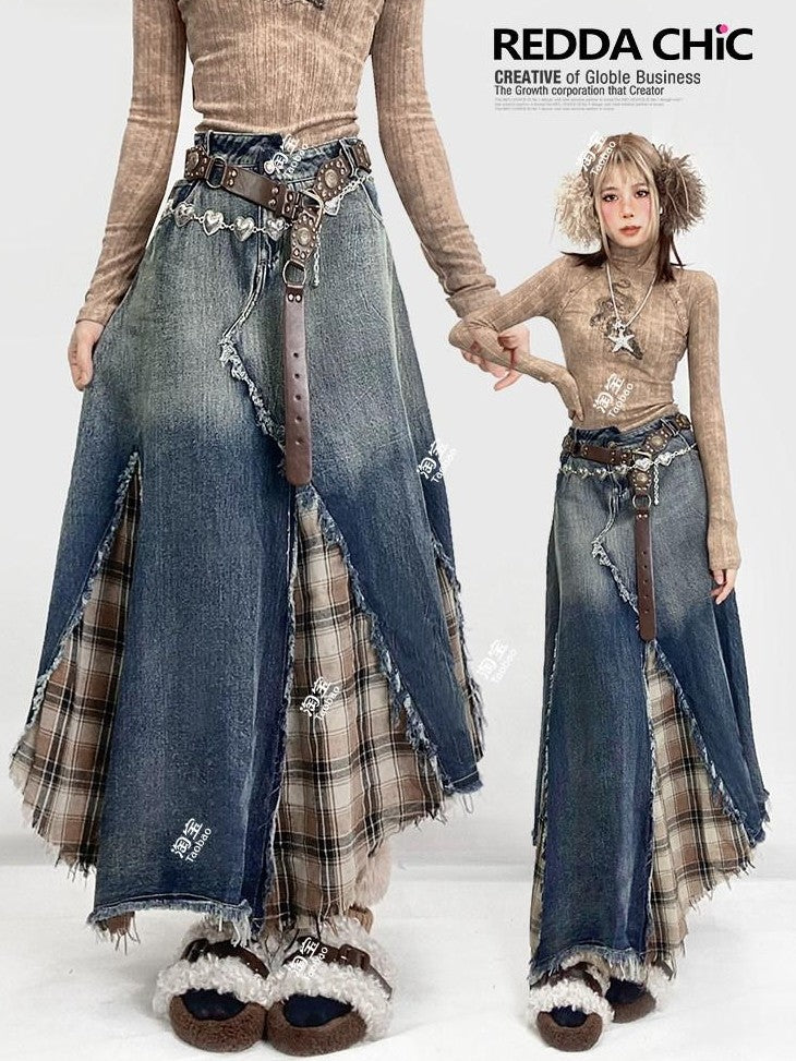REDDACHIC Vintage Irregular Denim Patchwork Plaid A Line High Waist Women'S Maxi Skirts