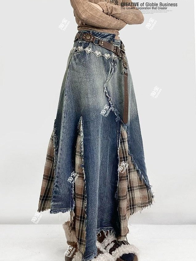 REDDACHIC Vintage Irregular Denim Patchwork Plaid A Line High Waist Women'S Maxi Skirts