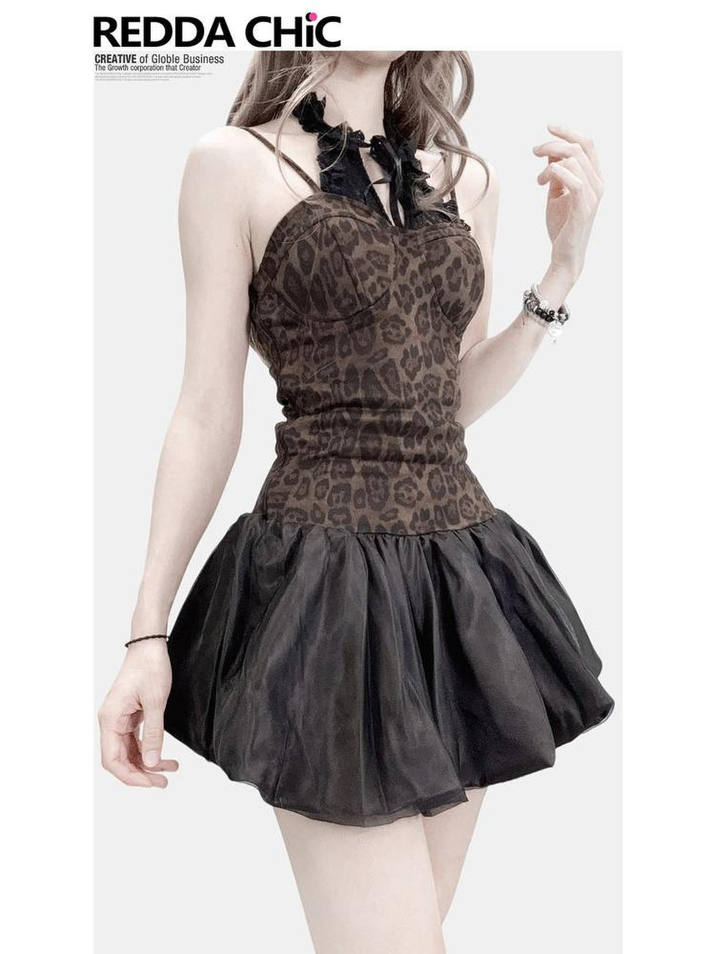 REDDACHIC Vintage Leopard Padded Spaghetti Strap Cinched Waist Women'S Tulle Mini Dresses