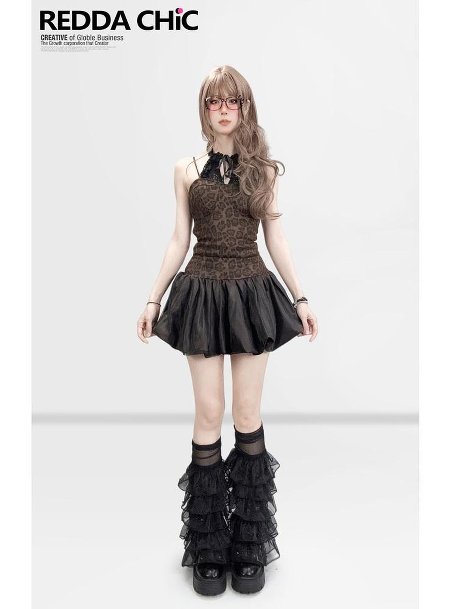 REDDACHIC Vintage Leopard Padded Spaghetti Strap Cinched Waist Women'S Tulle Mini Dresses