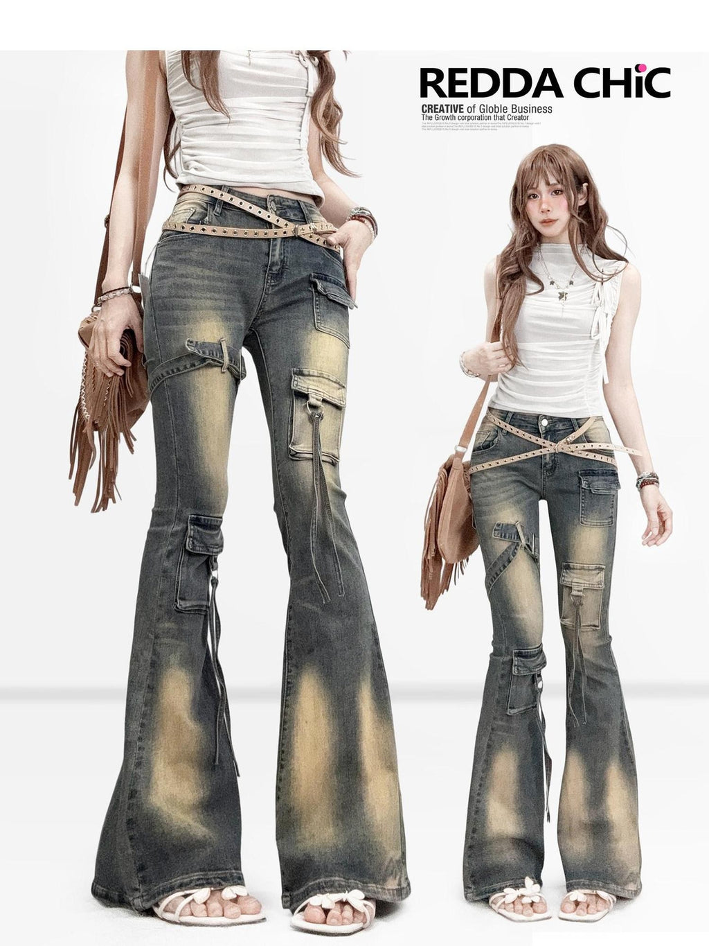 REDDACHIC Vintage Ombre Slim Fit Cargo Multi Pocket Women'S Denim Flare Jeans