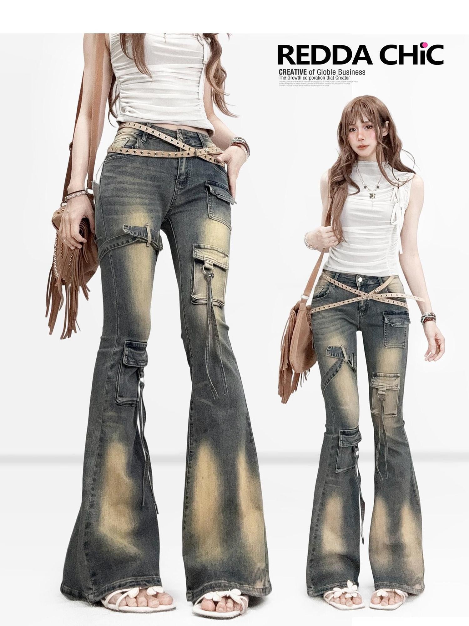 REDDACHIC Vintage Ombre Slim Fit Cargo Multi Pocket Women'S Denim Flare Jeans