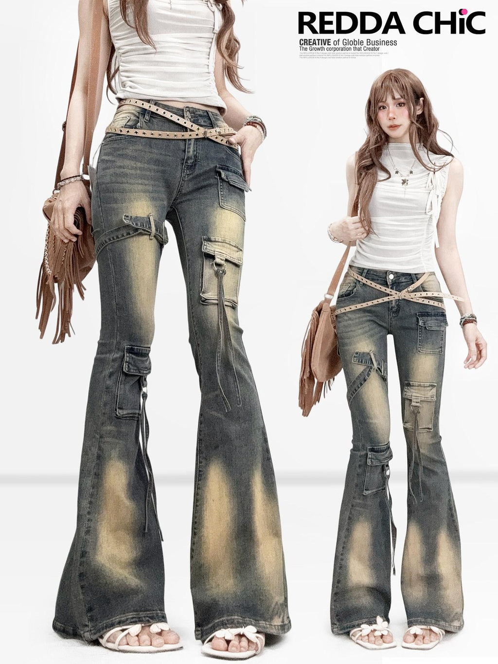 REDDACHIC Vintage Ombre Slim Fit Cargo Multi Pocket Women'S Denim Flare Jeans