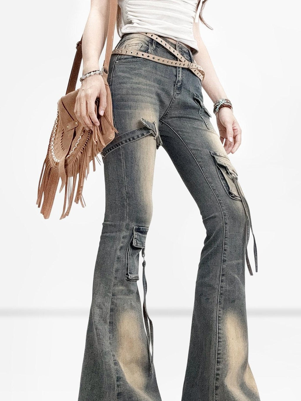 REDDACHIC Vintage Ombre Slim Fit Cargo Multi Pocket Women'S Denim Flare Jeans