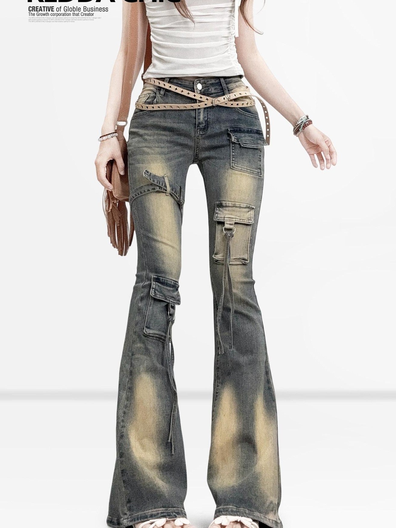 REDDACHIC Vintage Ombre Slim Fit Cargo Multi Pocket Women'S Denim Flare Jeans