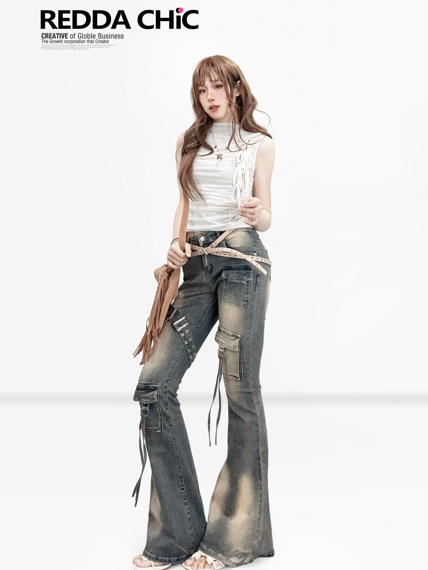 REDDACHIC Vintage Ombre Slim Fit Cargo Multi Pocket Women'S Denim Flare Jeans