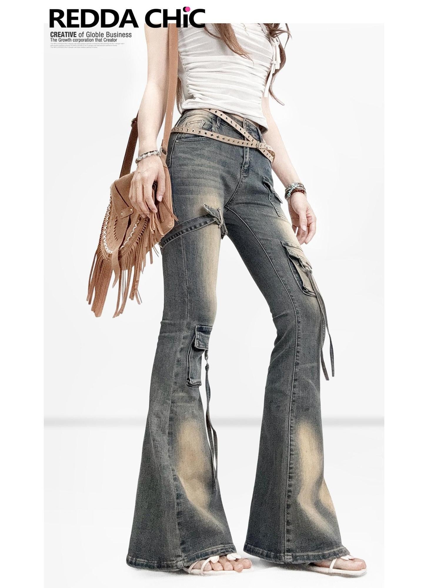 REDDACHIC Vintage Ombre Slim Fit Cargo Multi Pocket Women'S Denim Flare Jeans