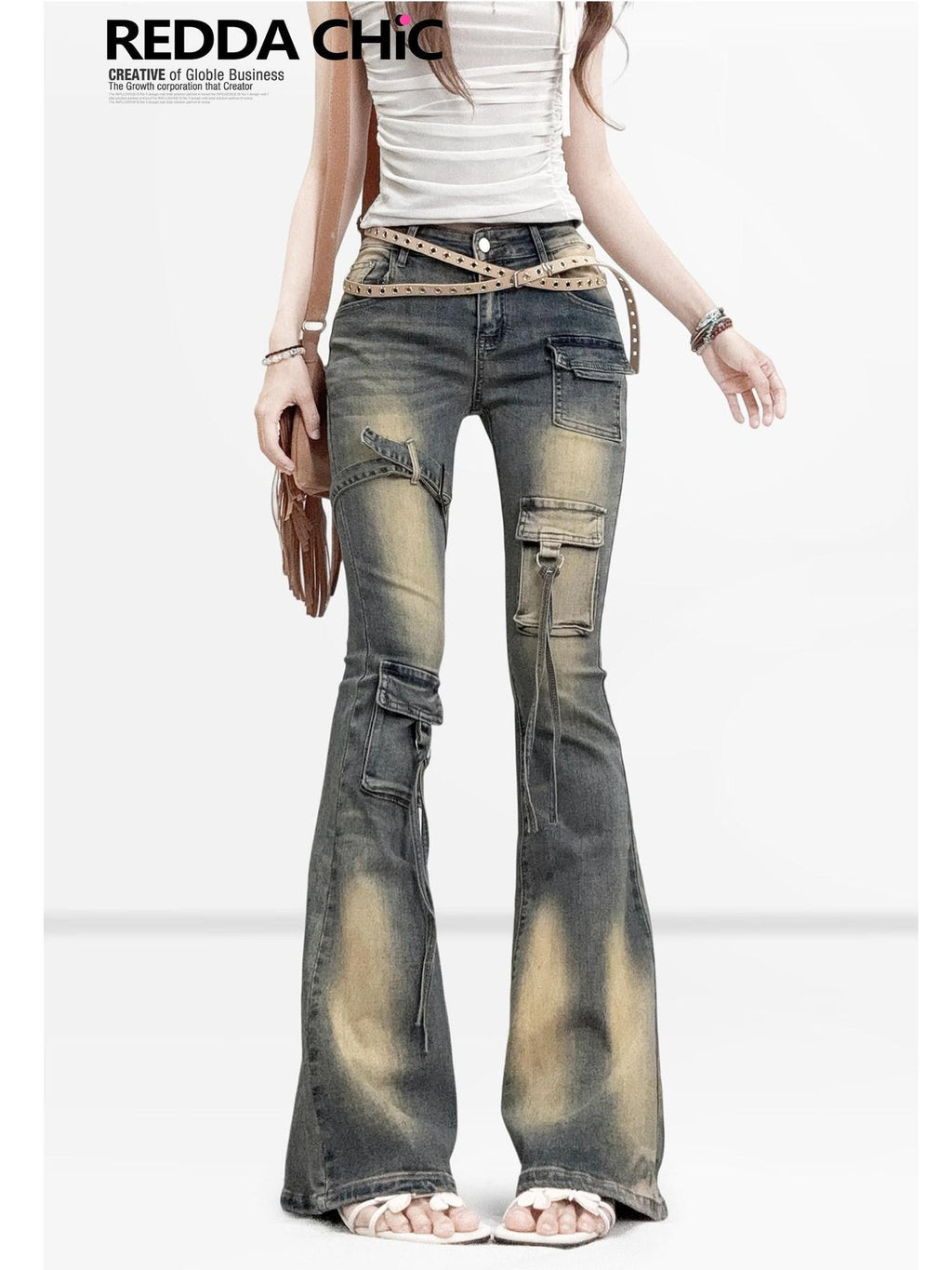 REDDACHIC Vintage Ombre Slim Fit Cargo Multi Pocket Women'S Denim Flare Jeans