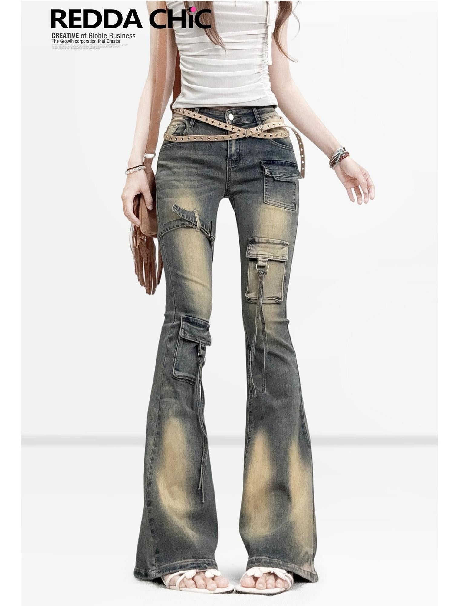 REDDACHIC Vintage Ombre Slim Fit Cargo Multi Pocket Women'S Denim Flare Jeans