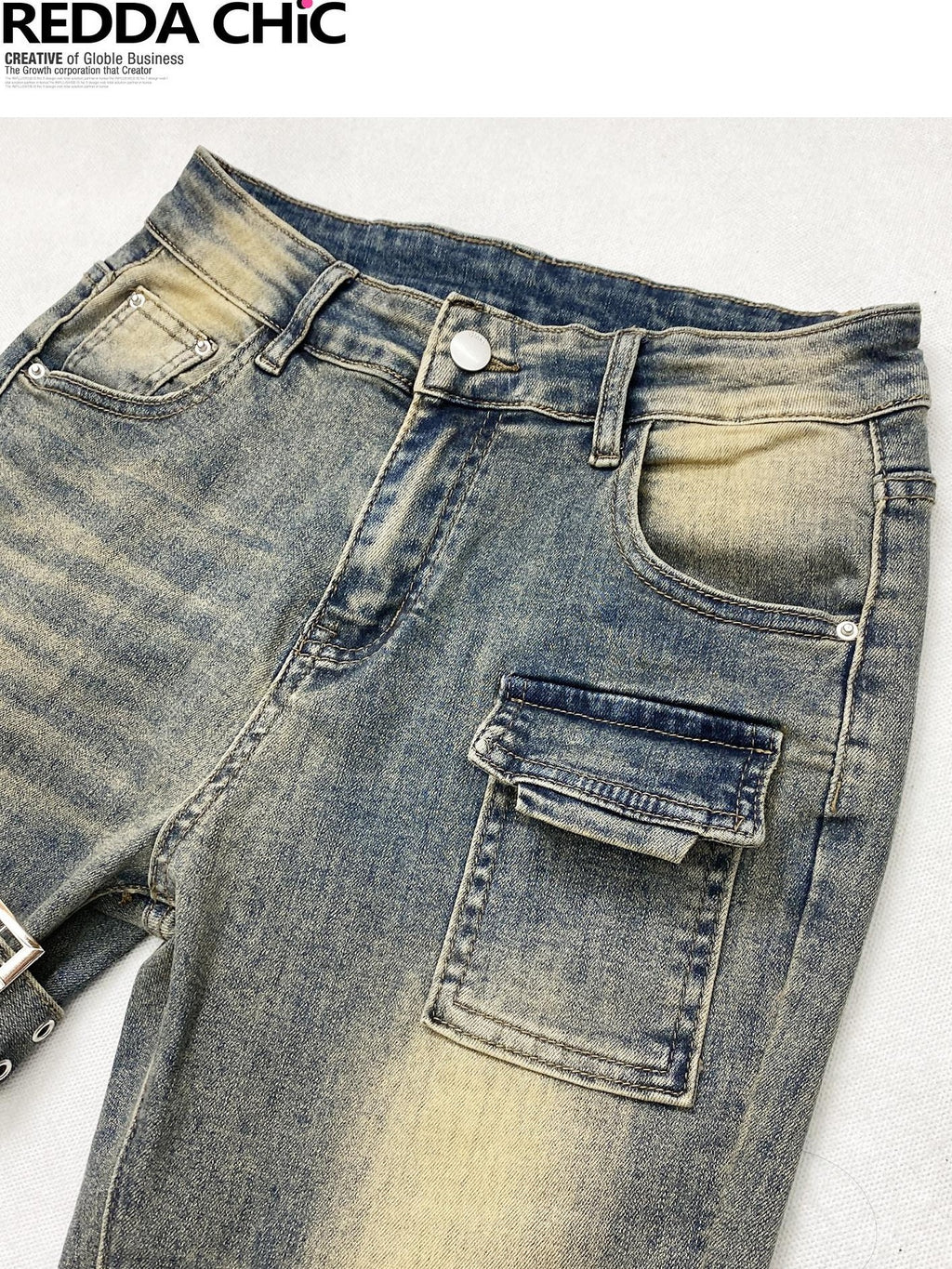 REDDACHIC Vintage Ombre Slim Fit Cargo Multi Pocket Women'S Denim Flare Jeans