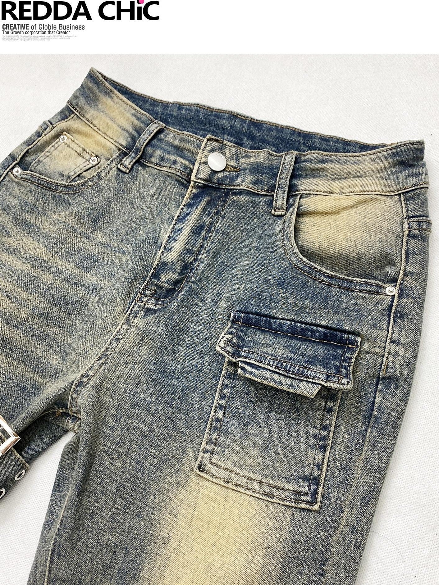 REDDACHIC Vintage Ombre Slim Fit Cargo Multi Pocket Women'S Denim Flare Jeans