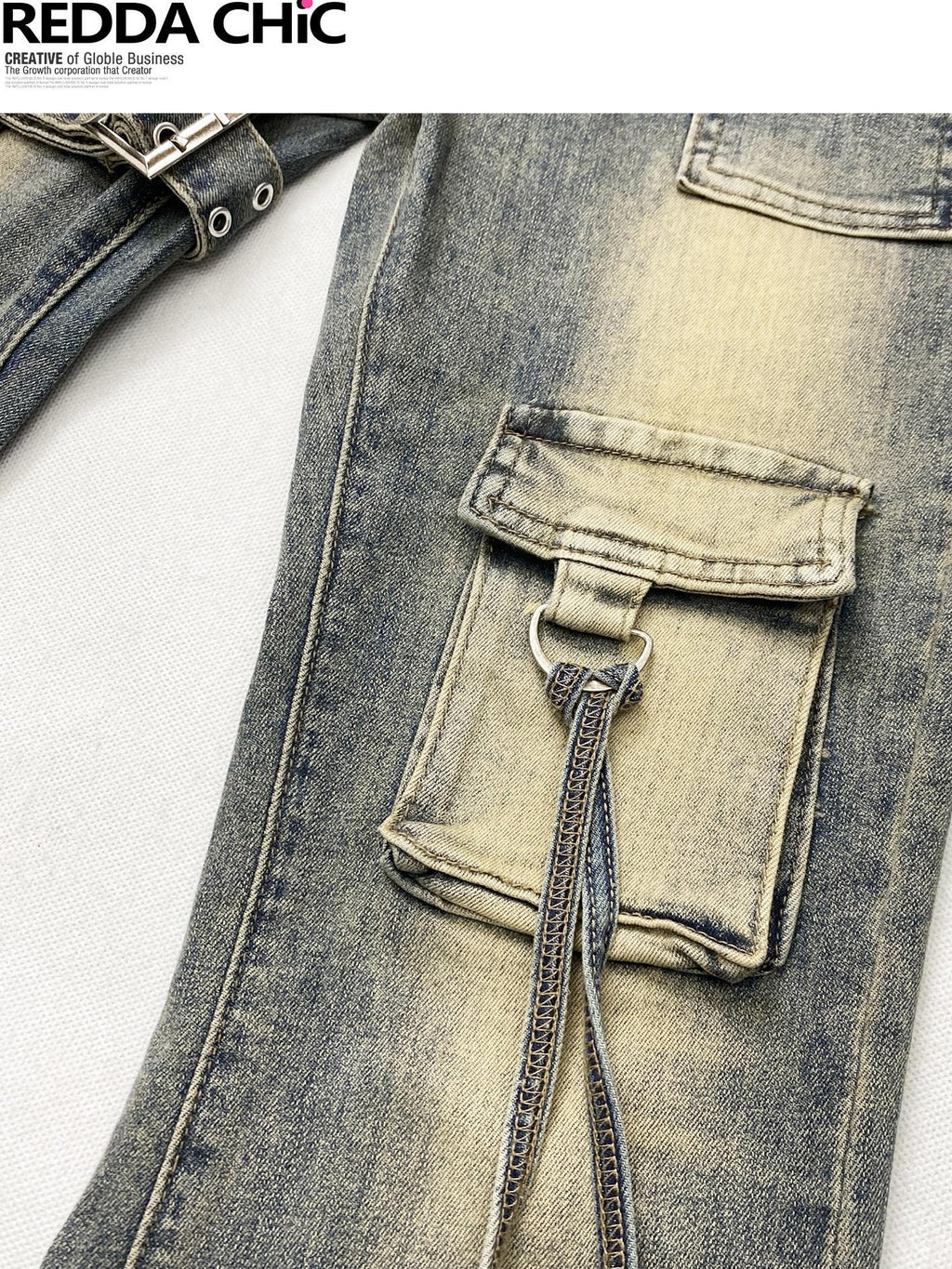REDDACHIC Vintage Ombre Slim Fit Cargo Multi Pocket Women'S Denim Flare Jeans